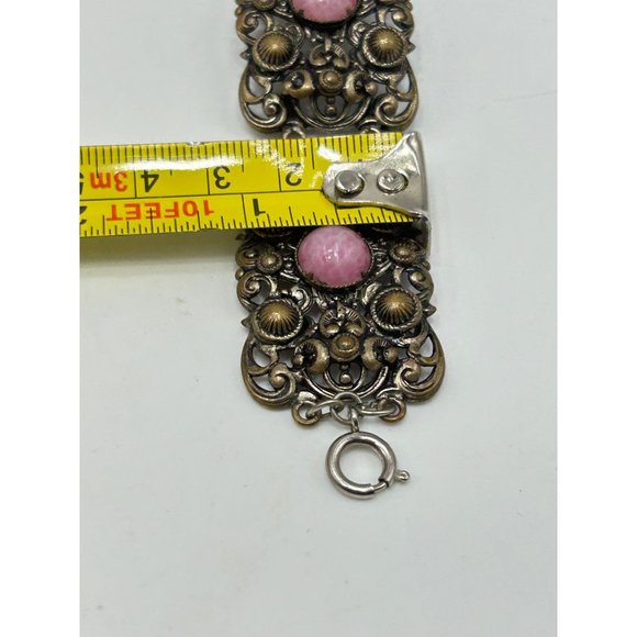 Vintage Filigree Bracelet Pink Glass Cabochons Panel Bracelet Brass Tone Metal - Picture 8 of 8